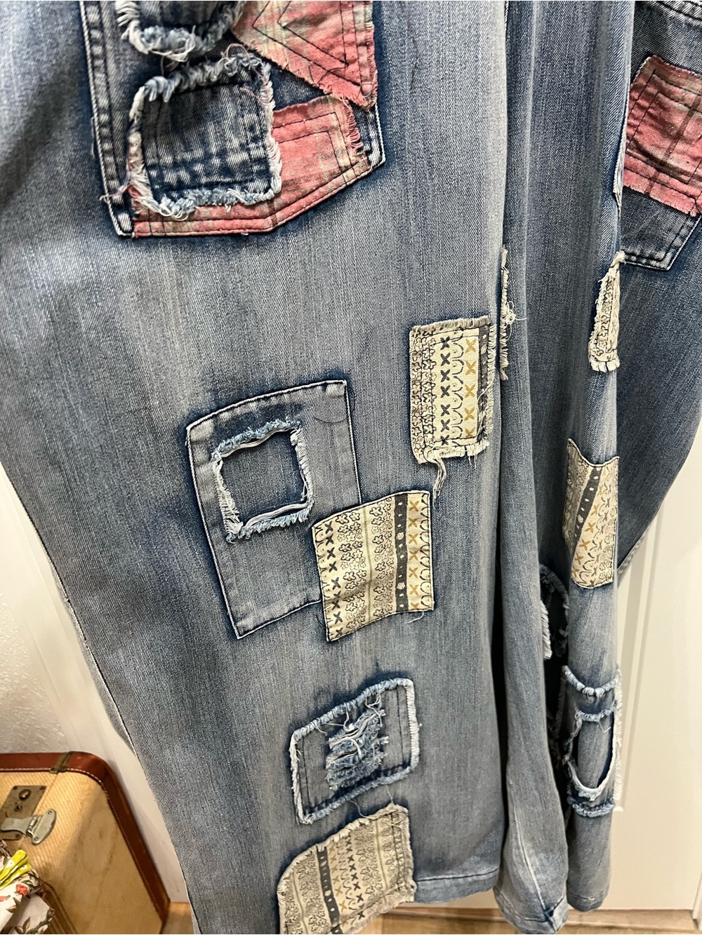 Blue Velvet Fun and Funky Overalls with Colorful Embroidery and Patchwork. - Picture 10 of 10